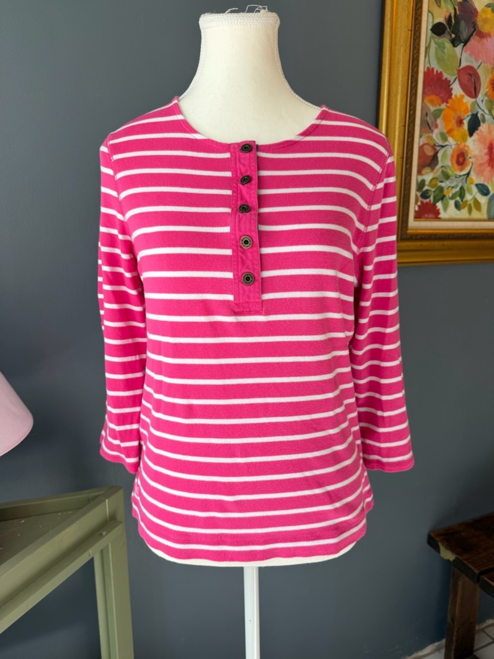 Lauren Ralph Lauren Hot Pink and White Striped Henley Long Sleeve Top